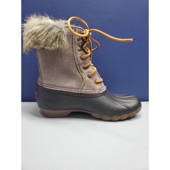 Sperry Top Sider Duck Boots Womens 5 Gray Black Suede Faux Fur Waterproof Rubber - Picture 3 of 12